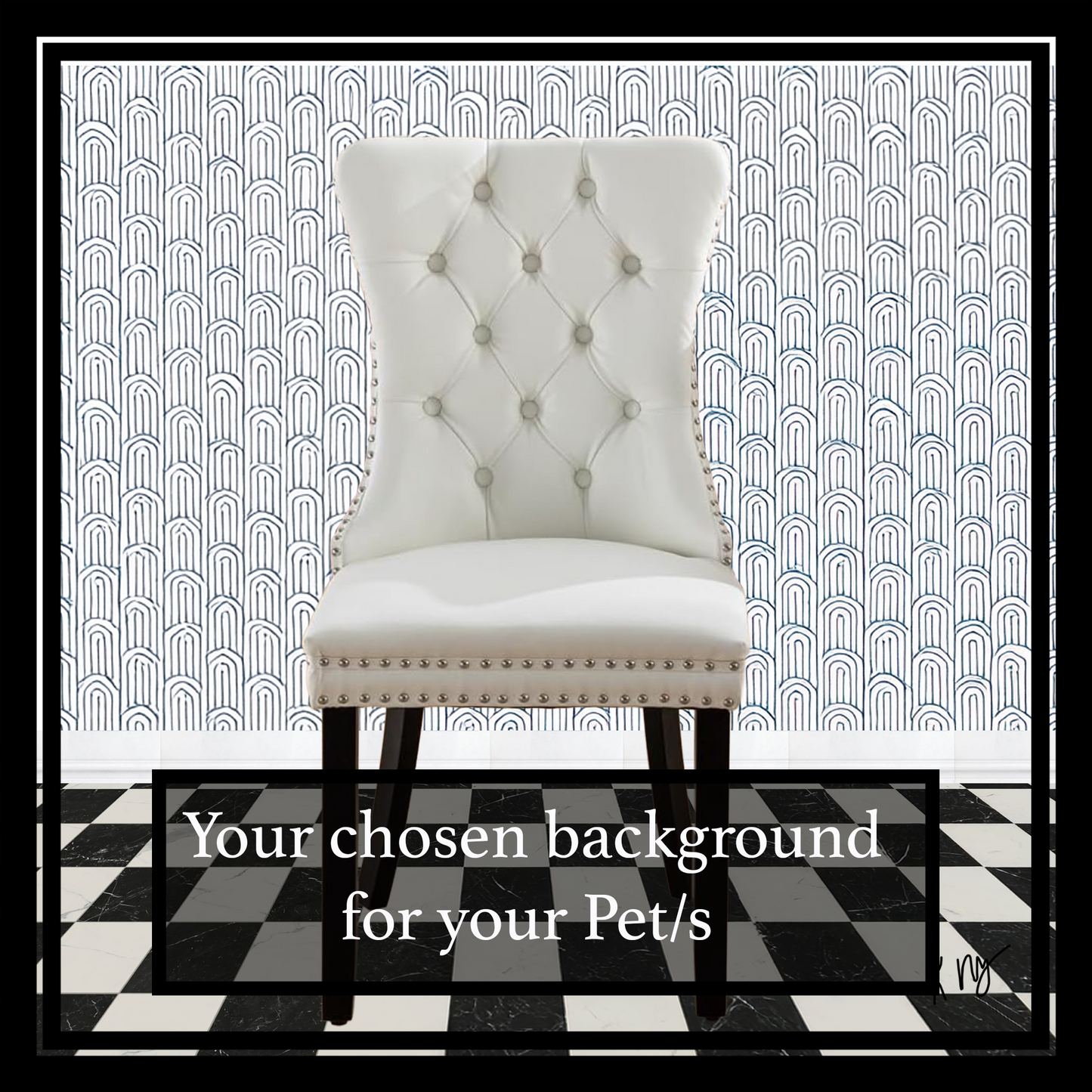 White upholstered chair with buttoned backrest on a black and white checkered floor. Text indicating "Your chosen background"
