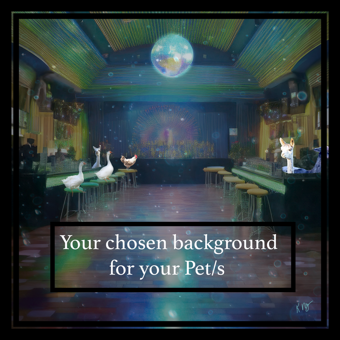 Fantasy bar interior with anthropomorphic animals and a disco ball with text indicating "Your chosen background".
