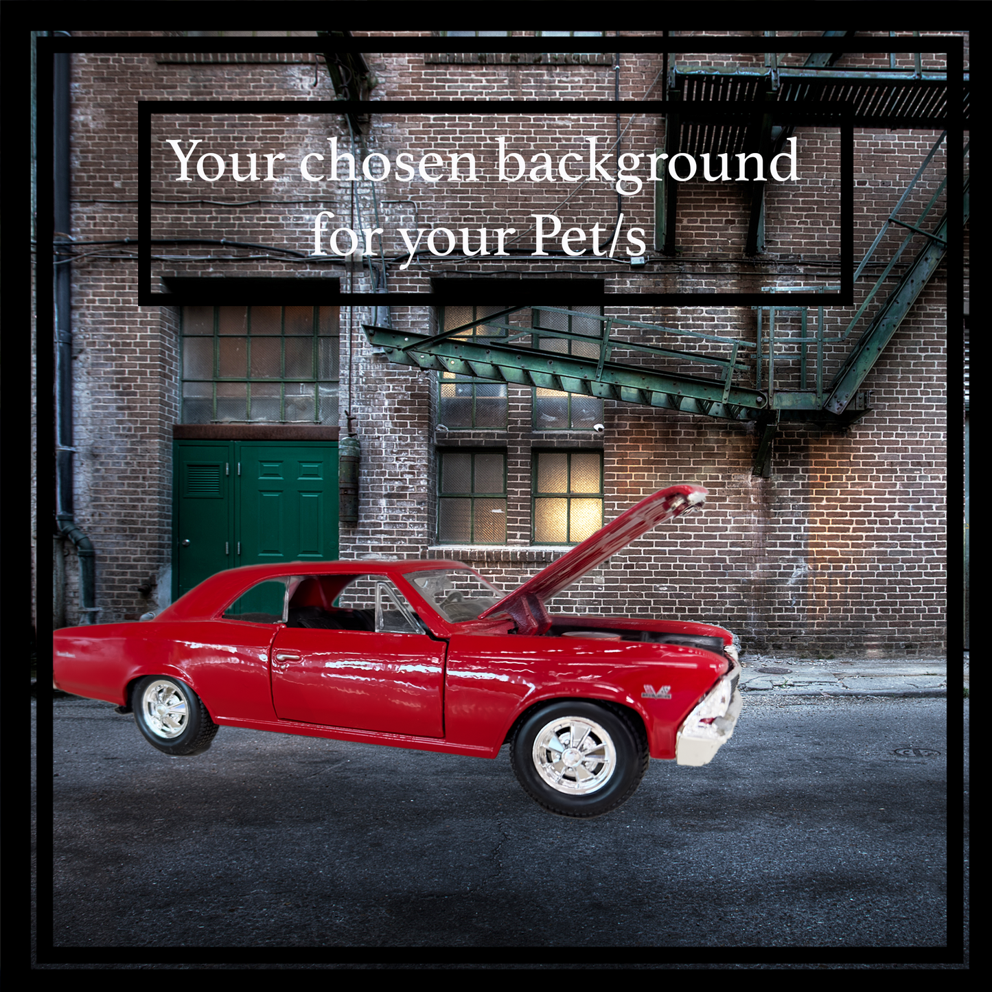 Red classic car with open hood parked in front of a brick building with text indicating "Your chosen background".