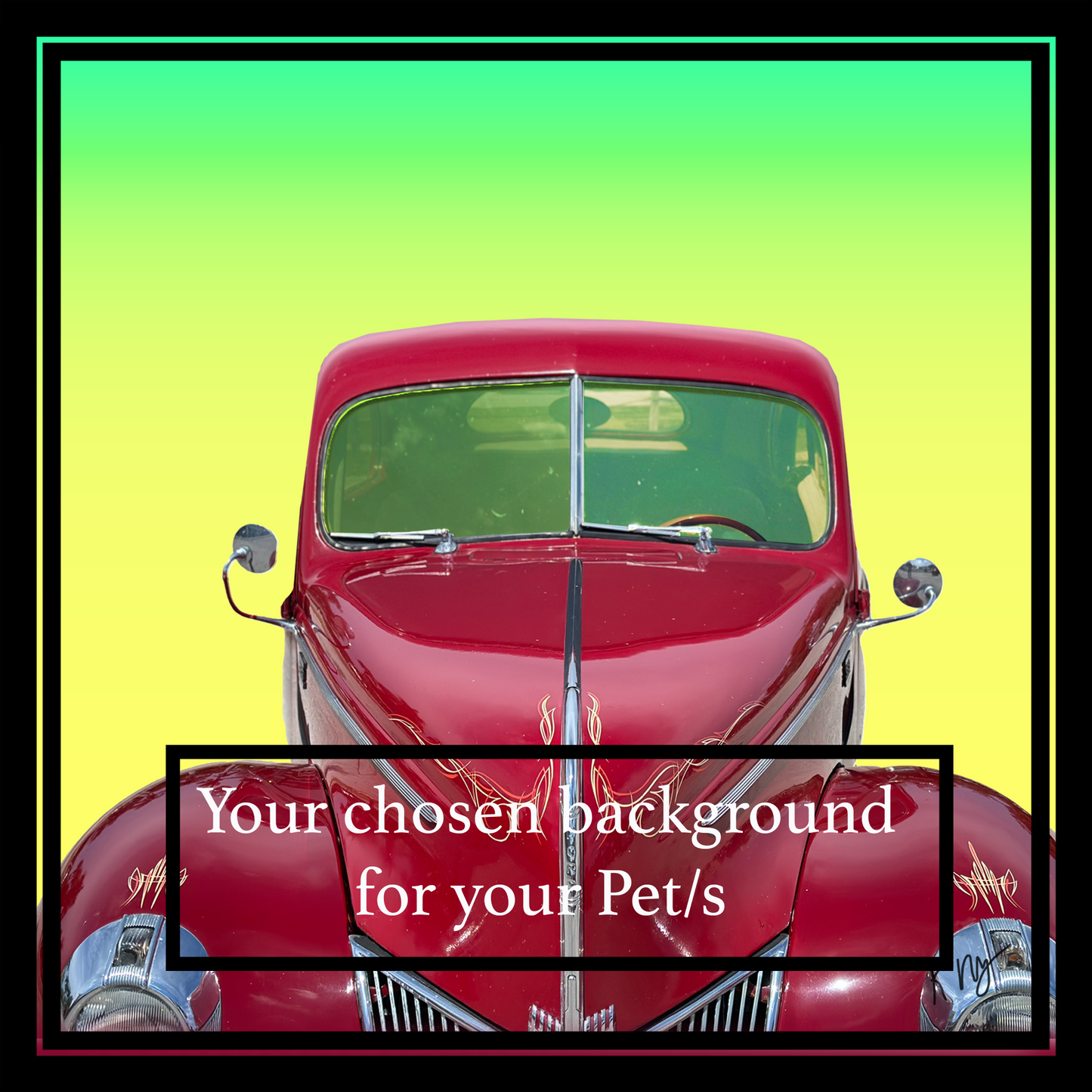 Red vintage hot rod car on a green and yellow gradient background with text indicating "Your chosen background".