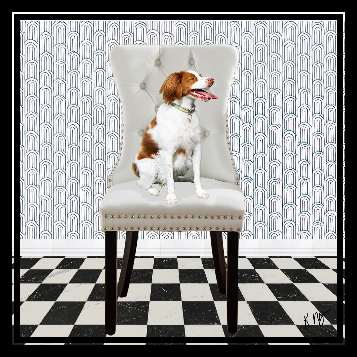 Retro whimsical custom pet portrait with dog sitting on elegant chair, black and white checkered floor and patterned wall, personalized for 1 to 3 pets.
