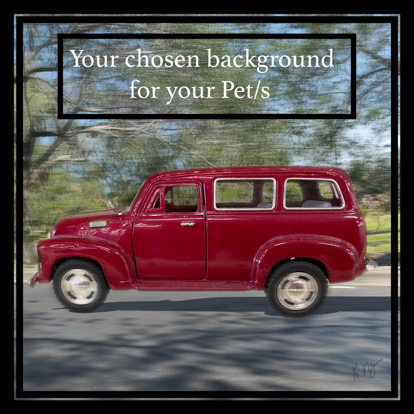 Red vintage car on a road with trees in the background with text indicating "Your chosen background".