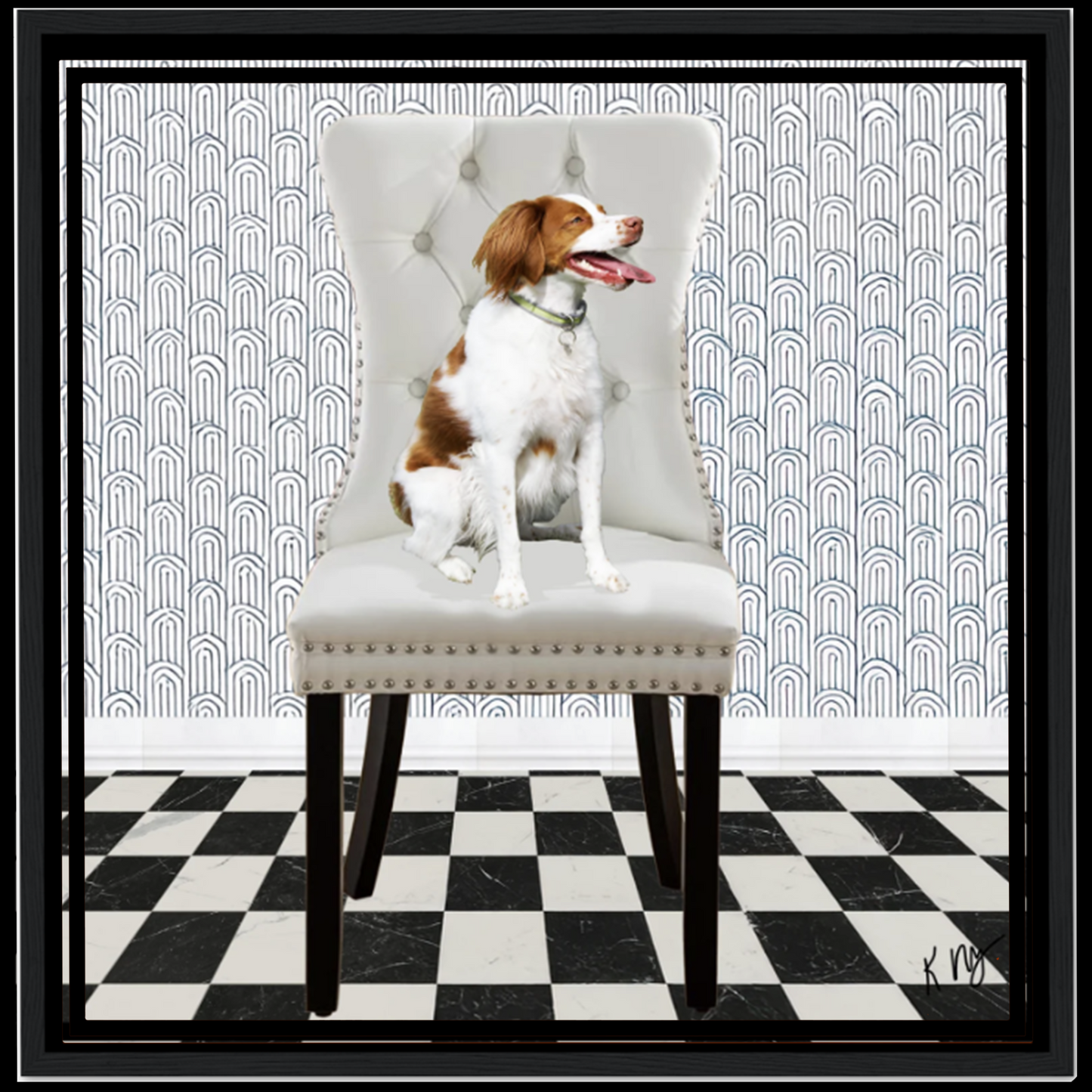 Art Deco Chair & Checkered Floor Background in black and white(1–3 Pets)