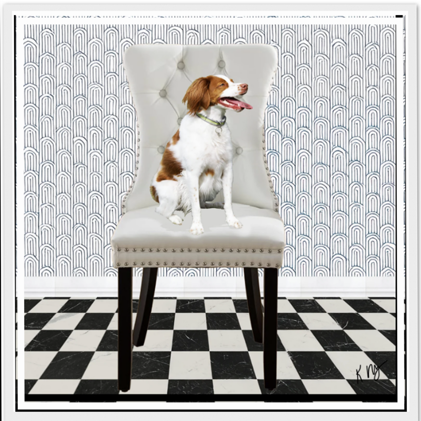 Art Deco Chair & Checkered Floor Background in black and white(1–3 Pets)