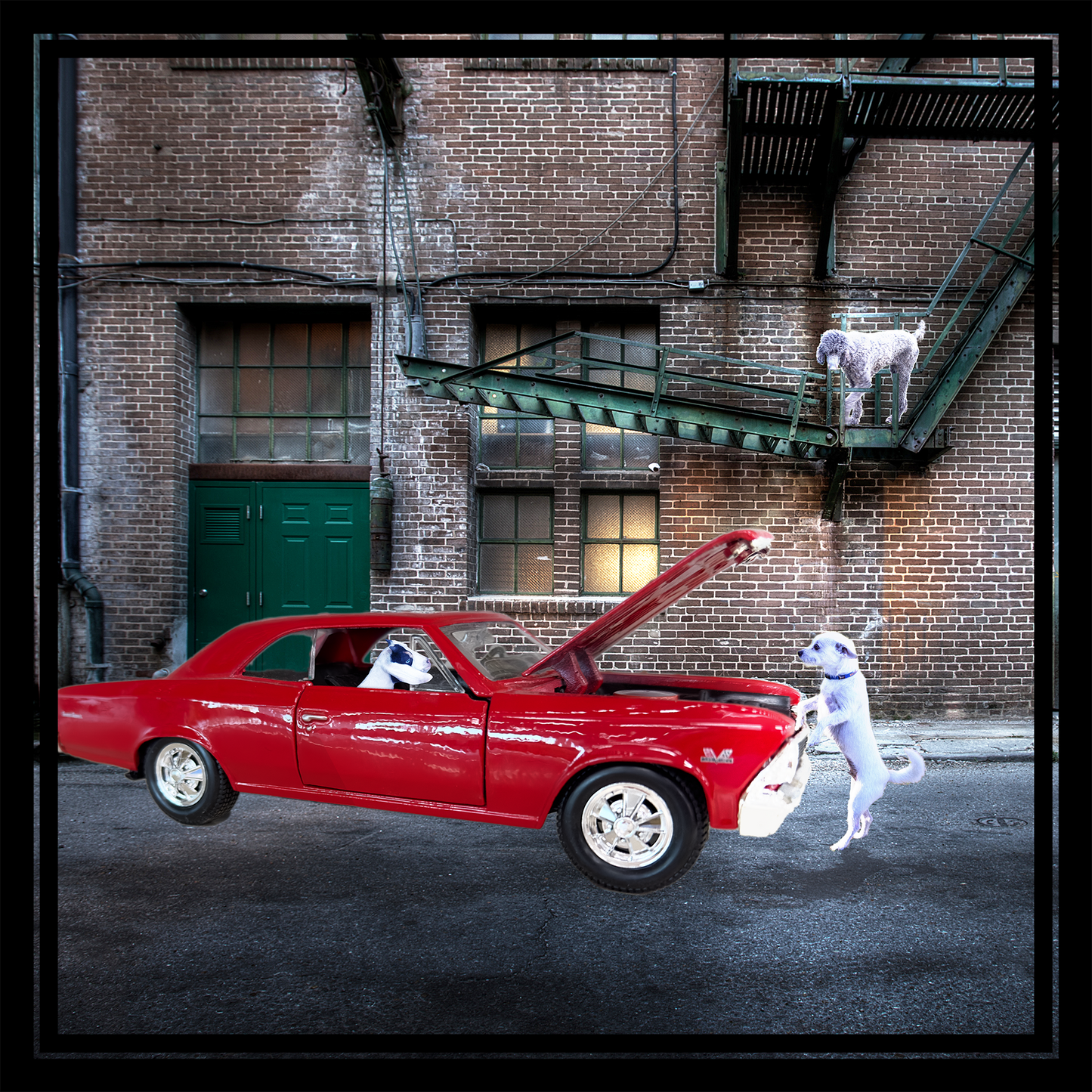 Retro whimsical custom pet portrait with pets and a vintage red car in an urban alley background, personalized for 1 to 3 pets
