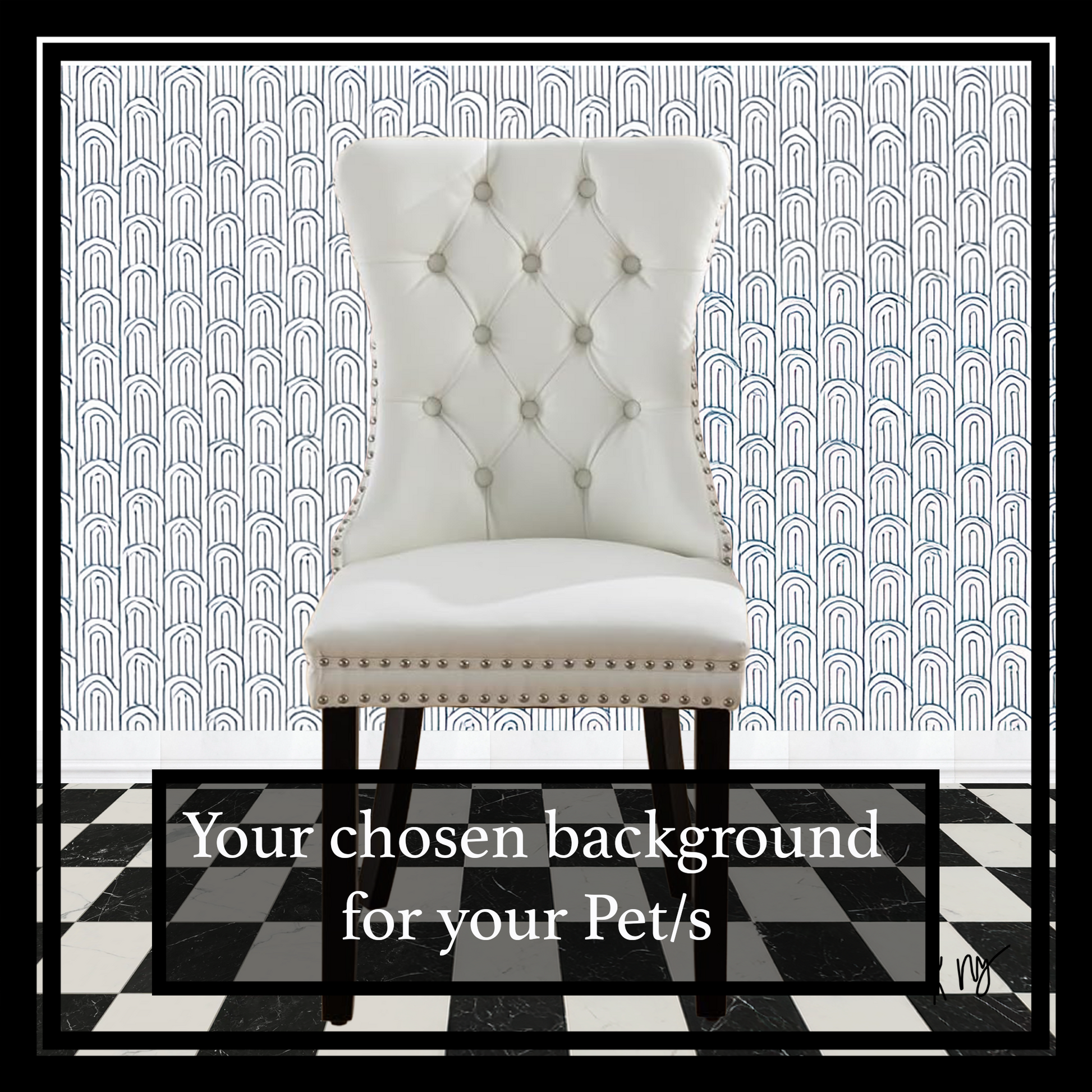 White upholstered chair with buttoned backrest on a black and white checkered floor.  Text indicating "Your chosen background"