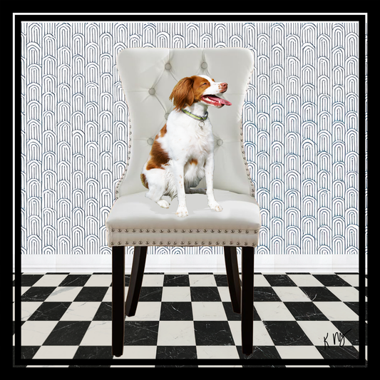 Retro whimsical custom pet portrait with dog sitting on elegant chair, black and white checkered floor and patterned wall, personalized for 1 to 3 pets.