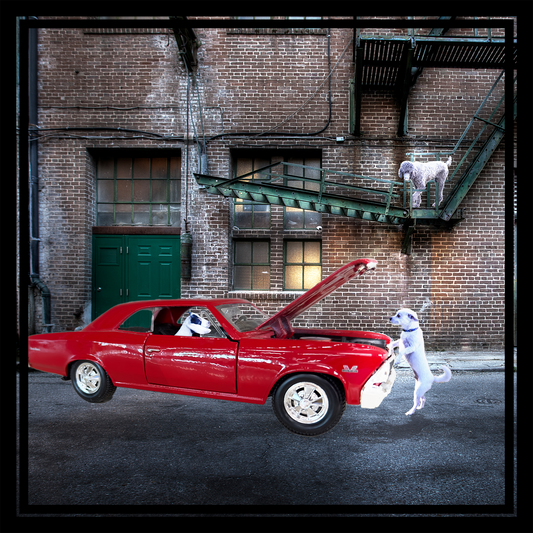 Retro whimsical custom pet portrait with pets and a vintage red car in an urban alley background, personalized for 1 to 3 pets