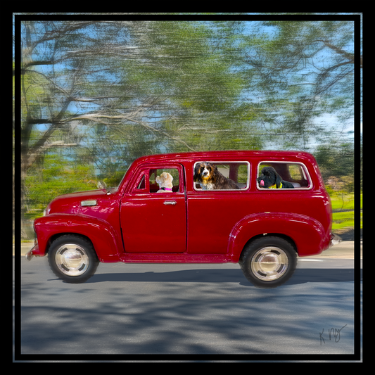 Retro whimsical custom pet portrait with dogs riding in a vintage red SUV, personalized for 1 to 3 pets